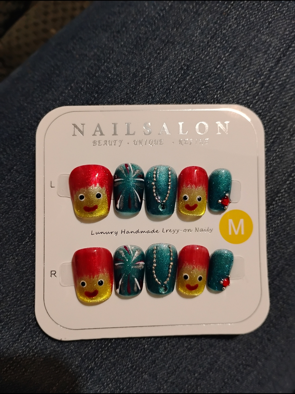 Kids' Colorful Handmade Press-On Nails - Red, Yellow & Teal